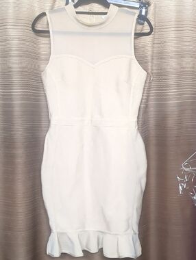 Fashion Nova White Sleeveless Sheer Yoke Bodycon Dress with Ruffle Hem